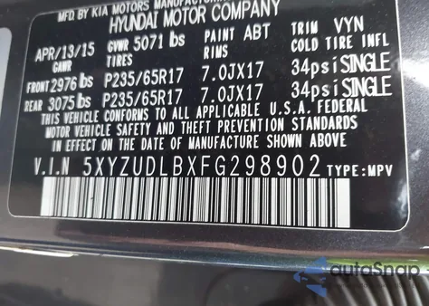 2015 Hyundai Santa Fe Sport 2.4L z USA, uszkodzony, nr VIN 5XYZUDLBXFG298902